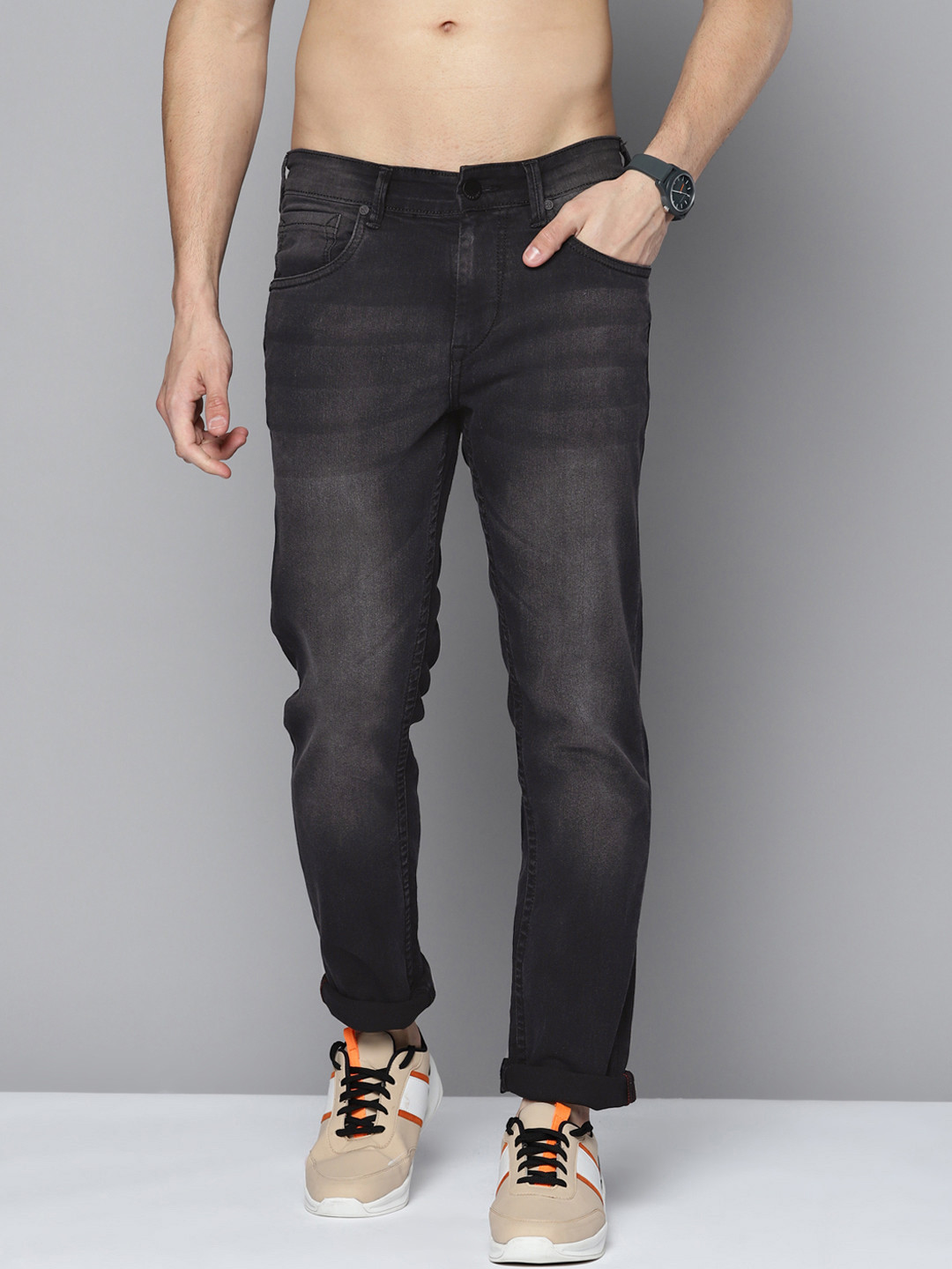 Buy HERE&NOW Men Charcoal Grey Clean Look Light Fade Stretchable Jeans
