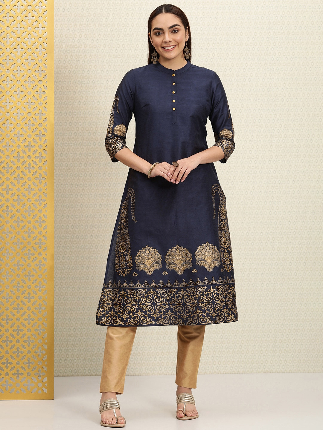 Buy House Of Pataudi Women Navy Blue & Gold Toned Ethnic Motifs Printed