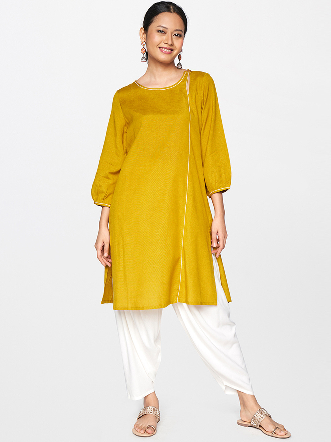 Buy Global Desi Mustard Yellow Solid Viscose Rayon Tunic Tunics for