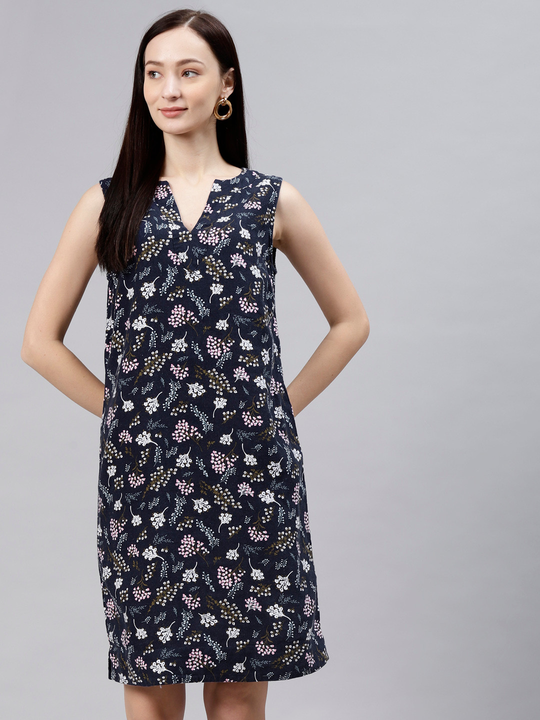 Buy Marks & Spencer Navy Blue Floral Linen A Line Dress Dresses for