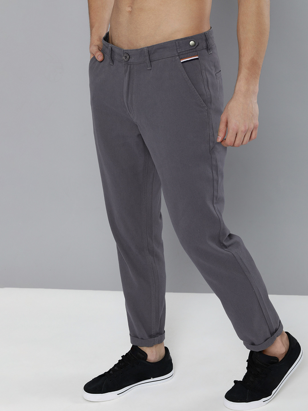 Buy HERE&NOW Men Grey Slim Fit Solid Regular Trousers - Trousers for ...