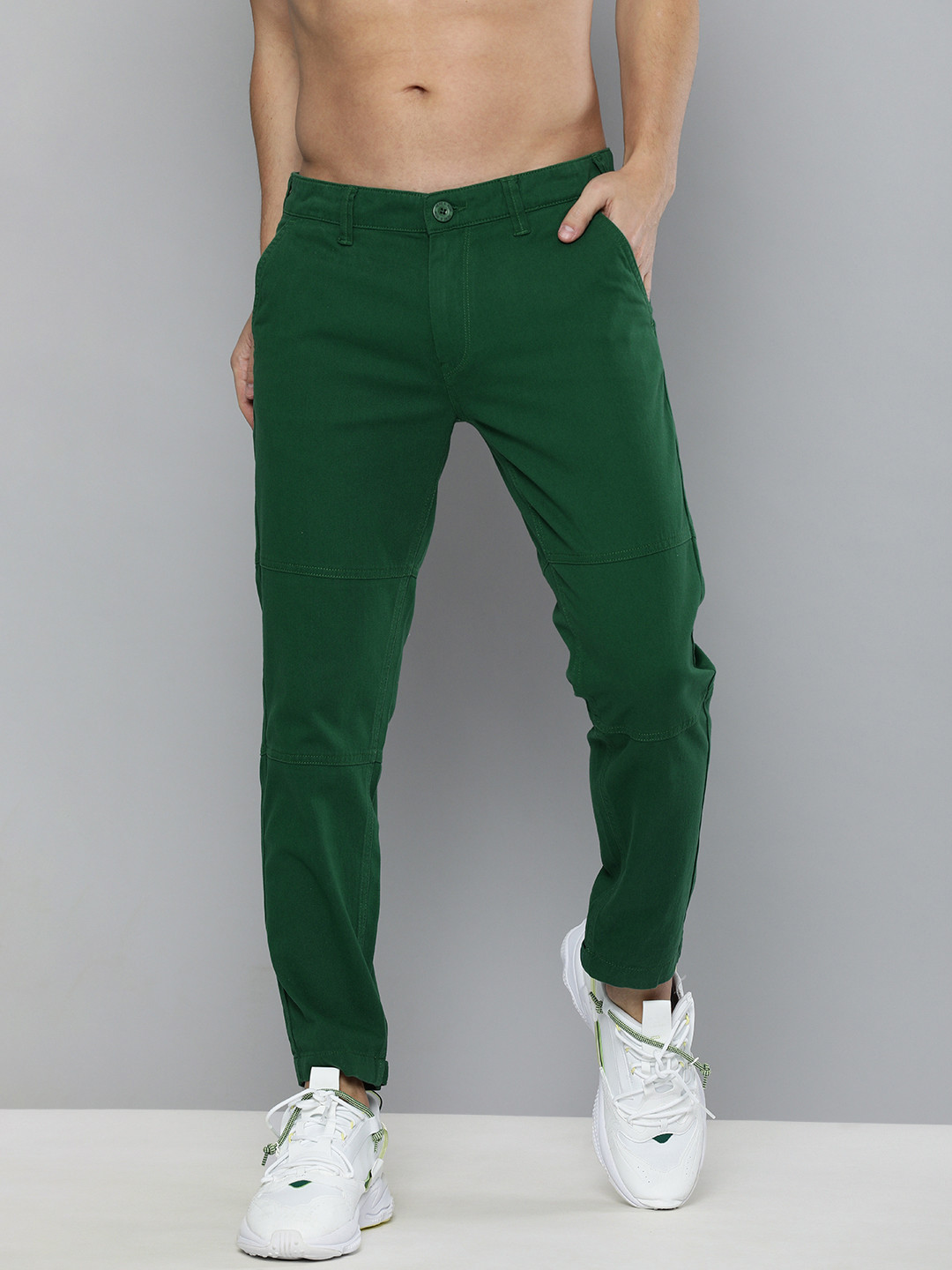 Buy HERE&NOW Men Green Solid Chinos Trousers Trousers for Men