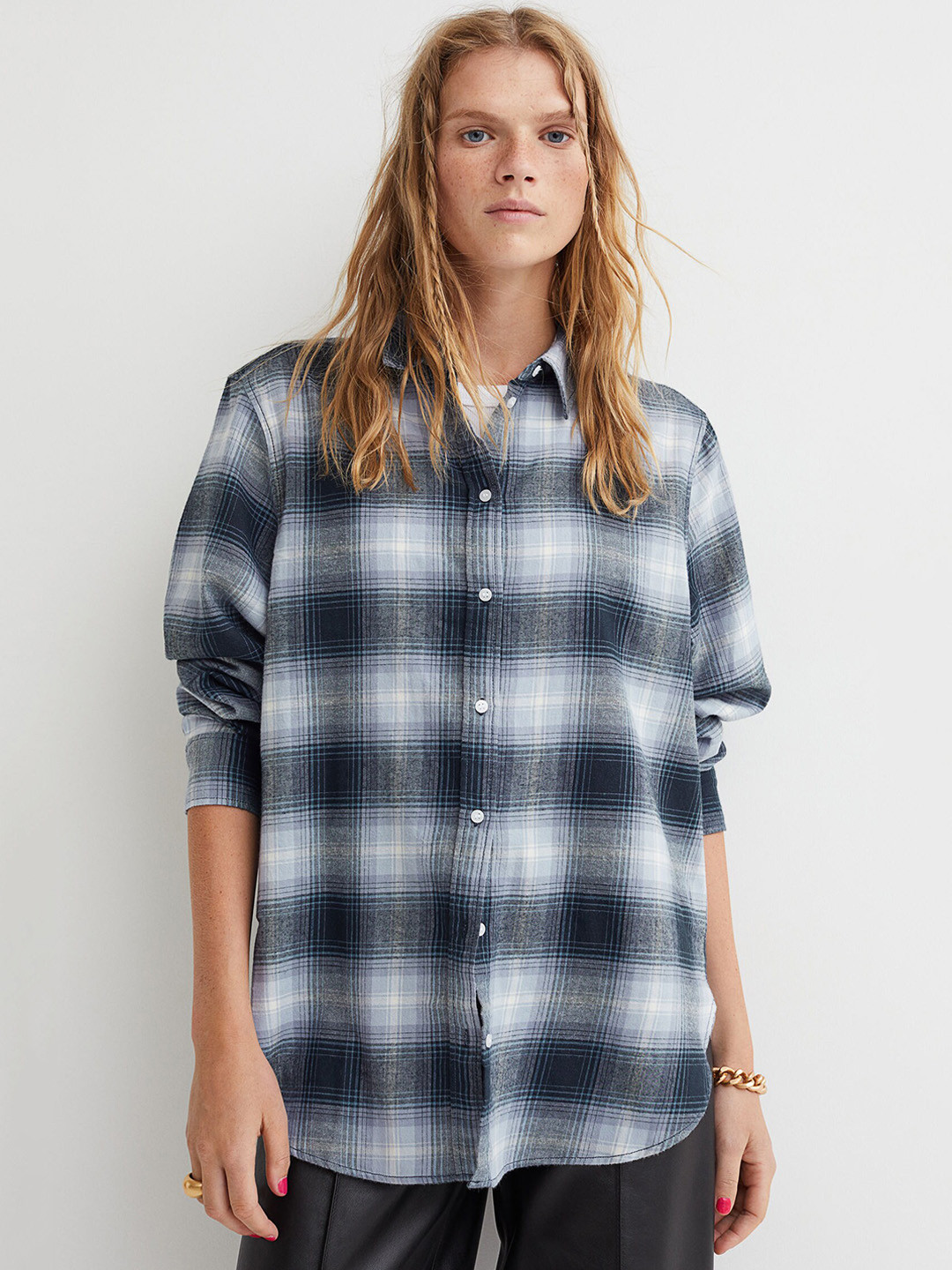 Buy H&M Women Blue & Yellow Cotton Flannel Shirt Shirts for Women