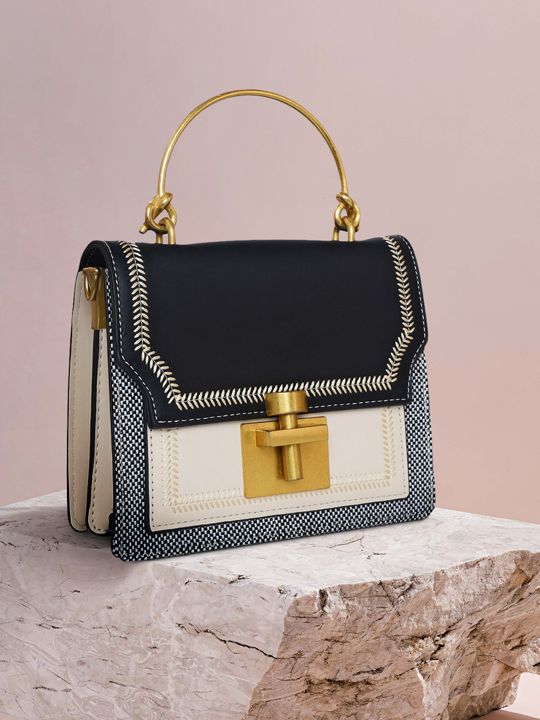 Buy ESBEDA Black Colourblocked PU Structured Handheld Bag Handbags