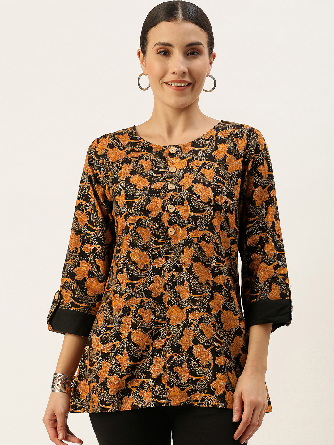Buy Saanjh Black & Mustard Mandarin Collar Printed Tunic Tunics for Women 15348424 Myntra