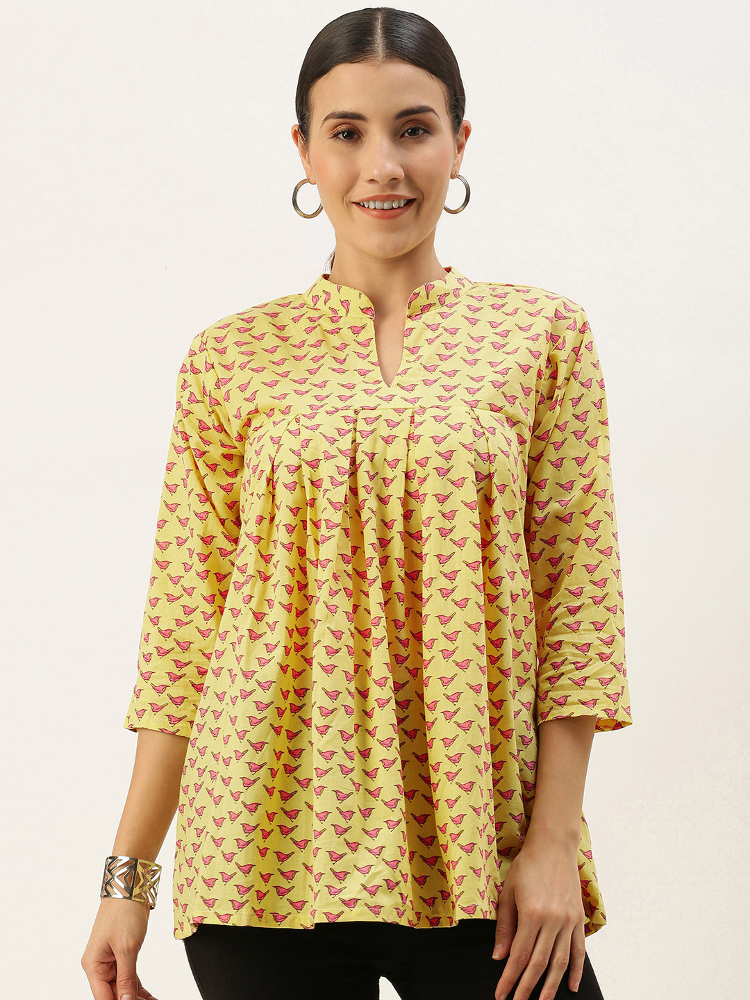 Buy Saanjh Yellow Mandarin Collar Printed Tunic Tunics for Women