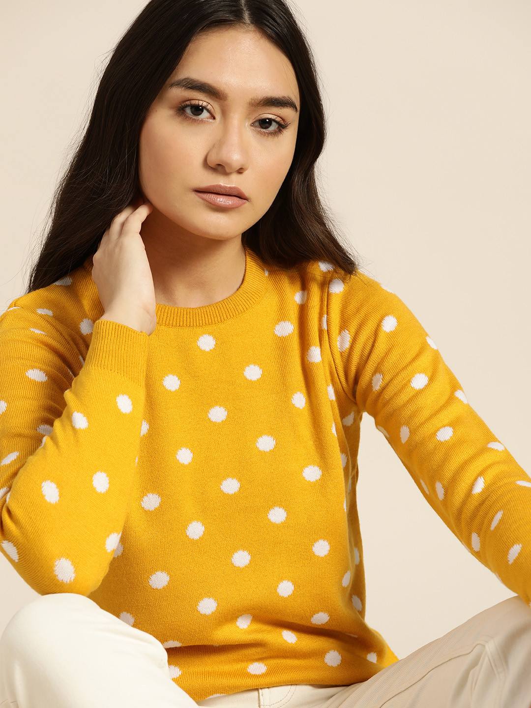 Buy Ether Women Mustard Yellow & White Self Design Pullover Sweaters