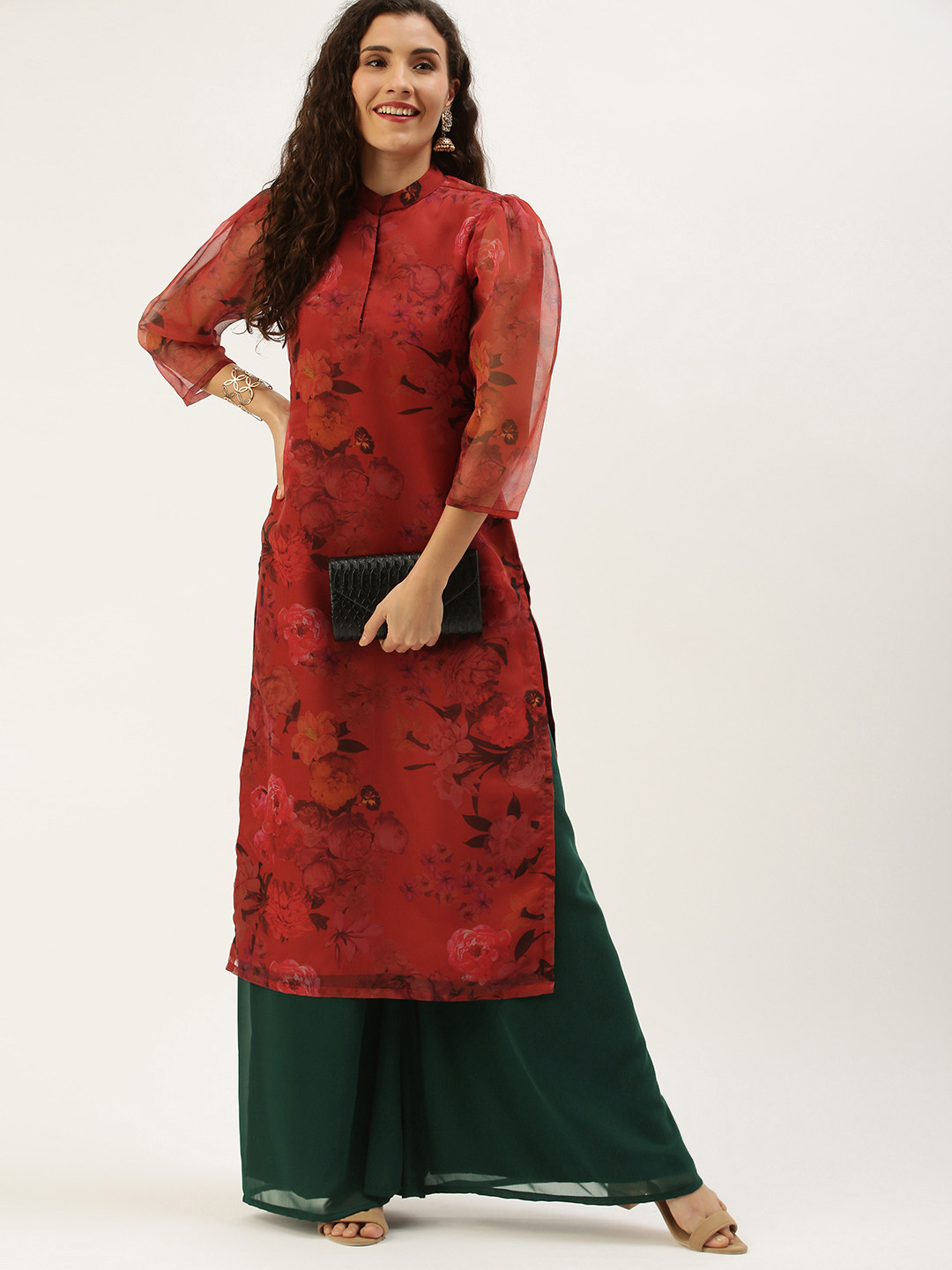 Red Floral Printed V-Neck A-Line Kurta with Palazzo