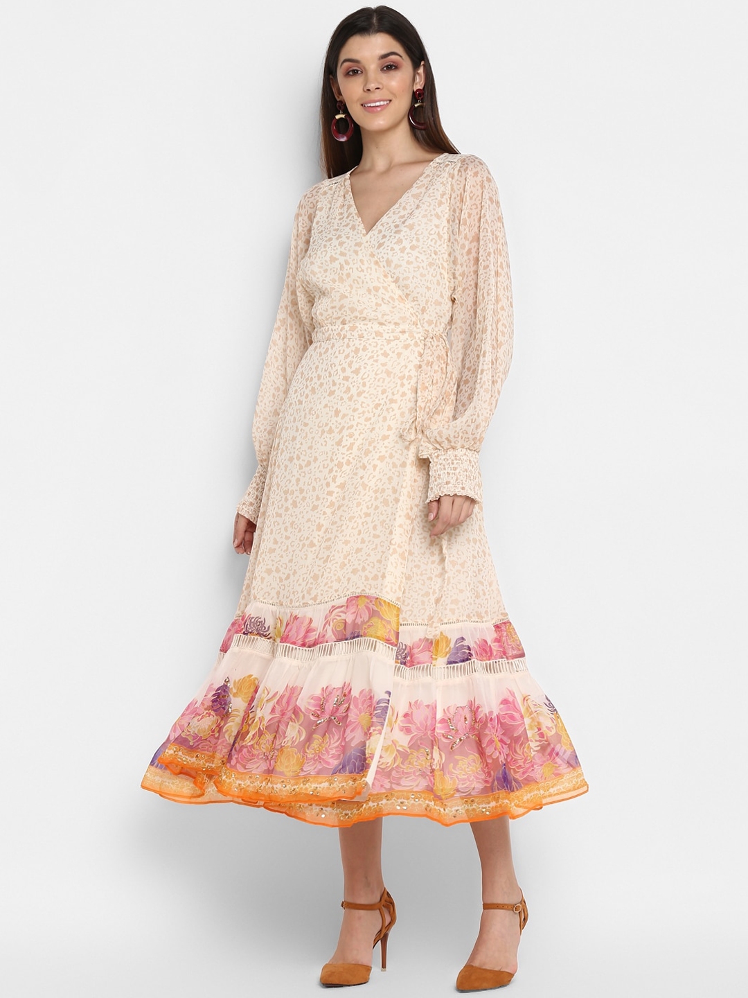 Buy NIZA Women Beige Floral Chiffon Midi Dress - Dresses for Women ...