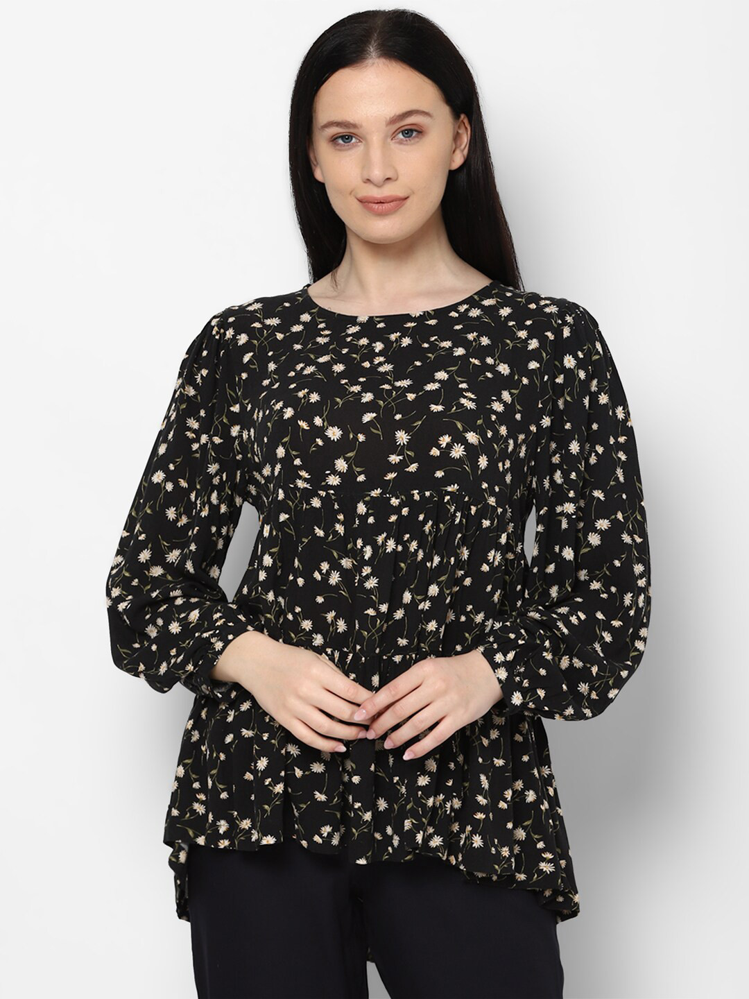 Women's Floral Black V-Neck Empire Top