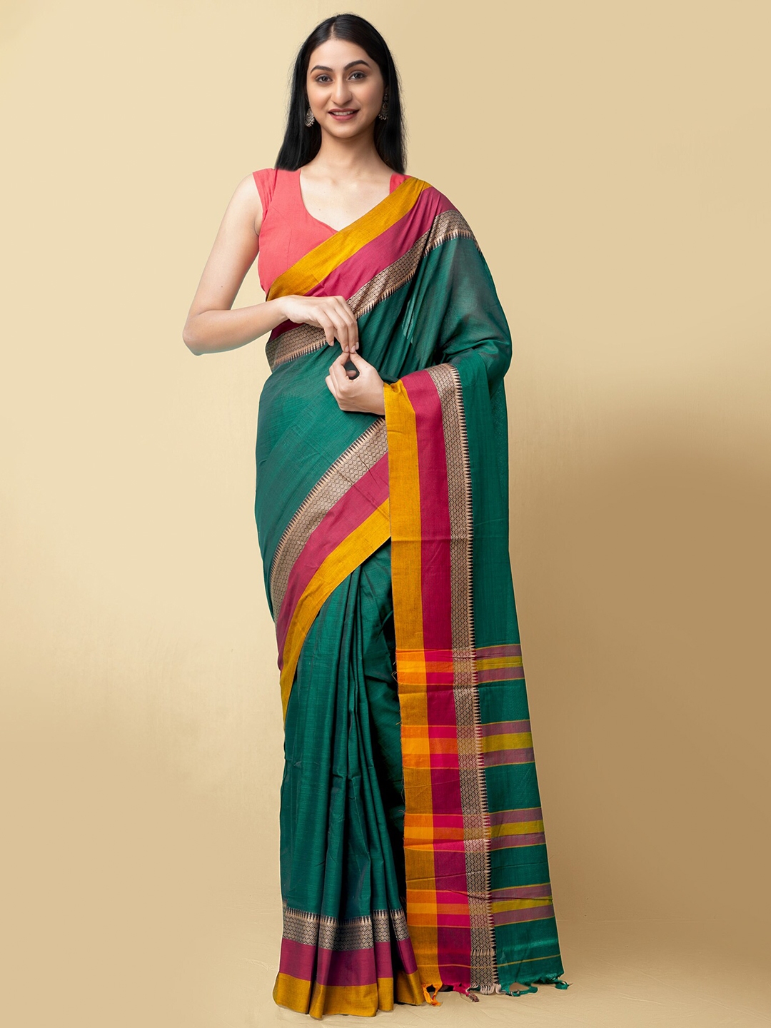 Buy Unnati Silks Green & Pink Pure Cotton Narayan Peth Saree - Sarees ...