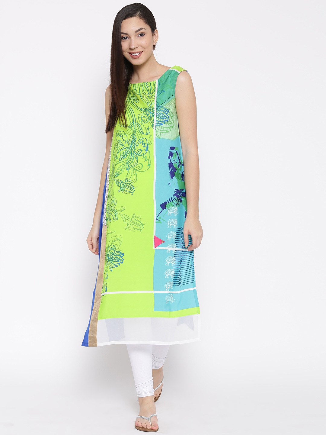MIMOSA Women's Green Printed Straight Kurta – Round Neck, 3/4 Sleeves, Calf-Length Casual Cotton Kurta