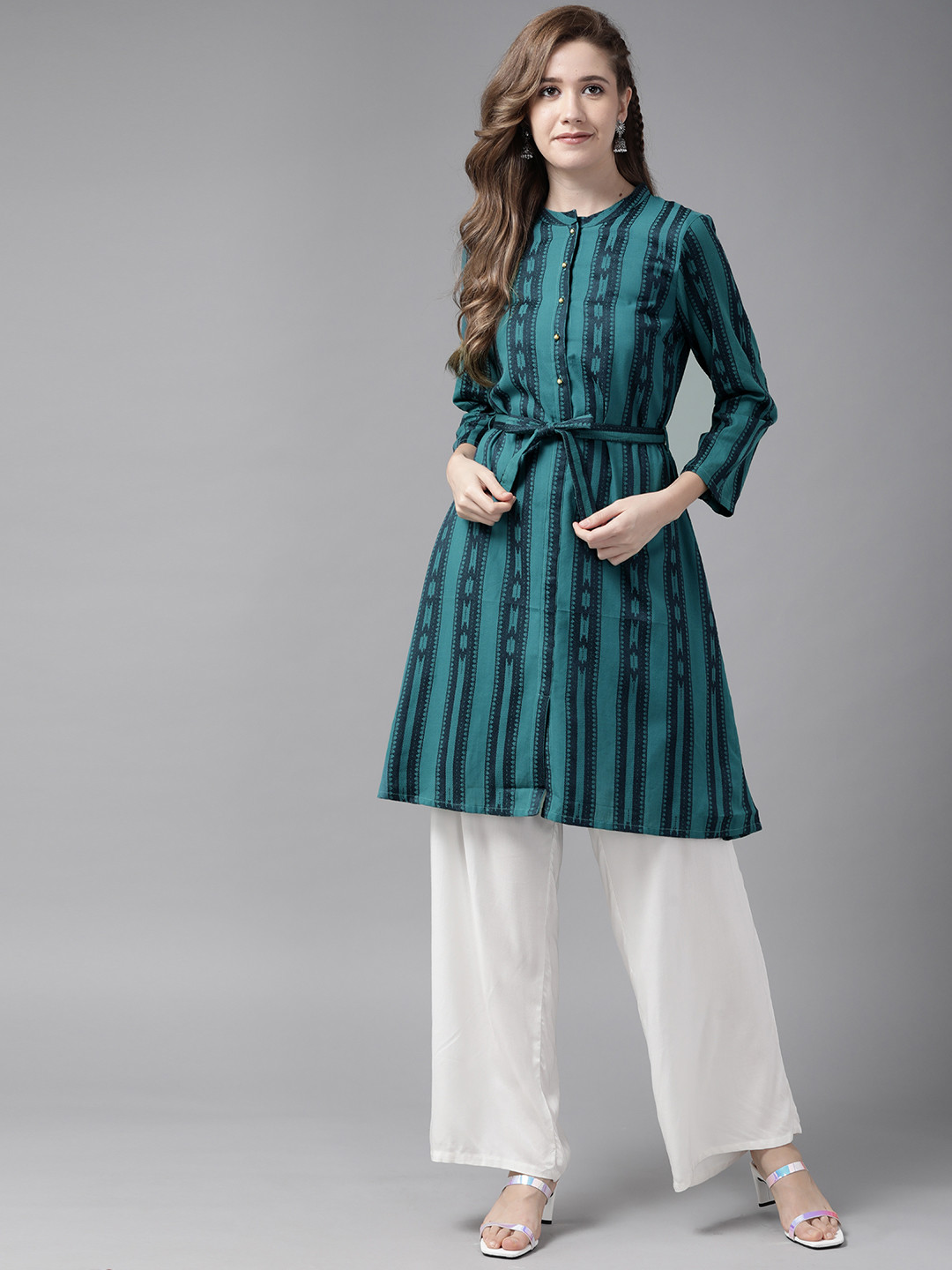 Buy W Women Teal Blue & Navy Blue Striped A Line Kurta With Belt