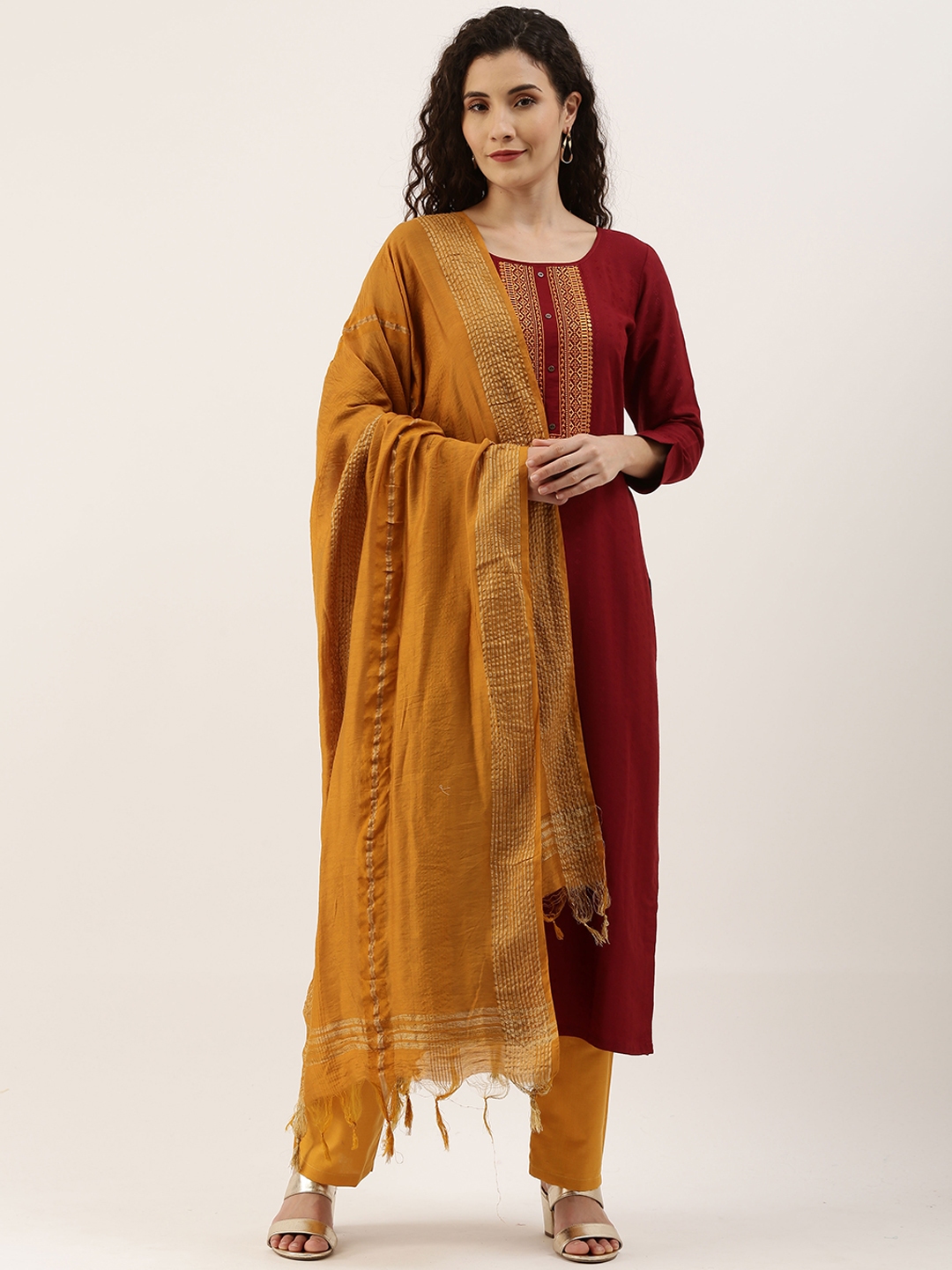 Buy SheWill Women Maroon & Beige Embroidered Kurta With Trousers ...