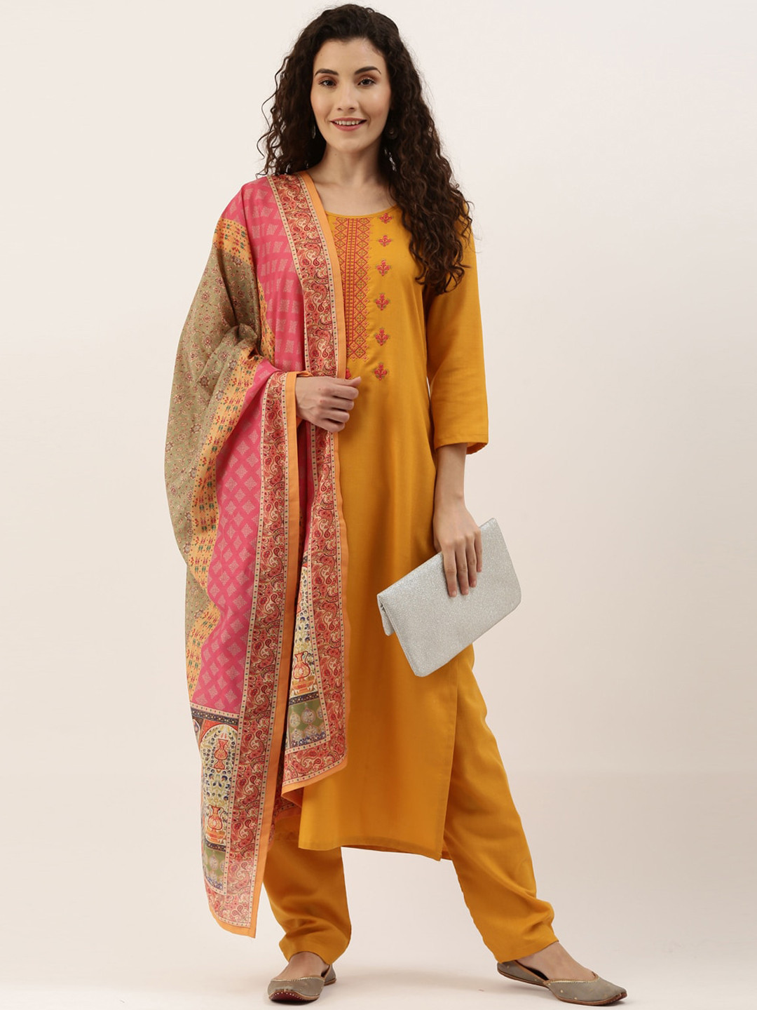 Women Maroon & Mustard Yellow Kurta Set main image 1