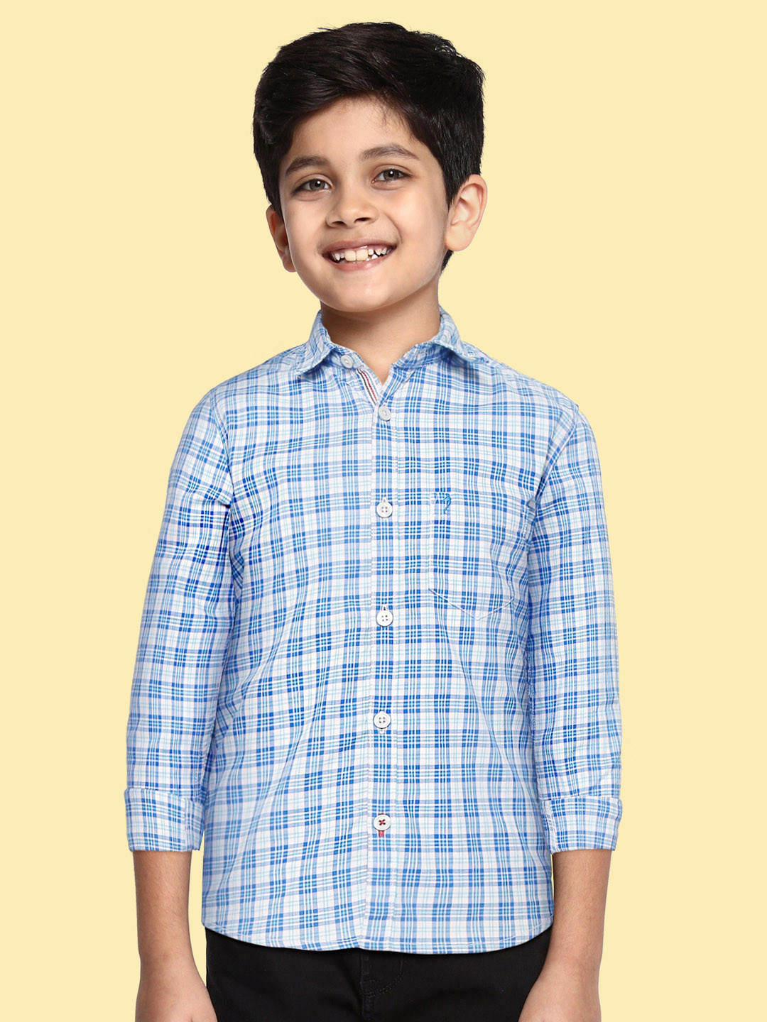 Buy Indian Terrain Boys Blue & White Tartan Checked Pure Cotton Casual