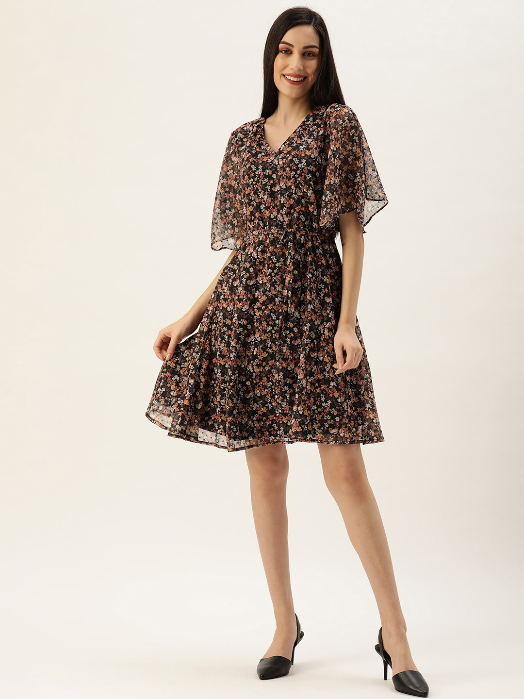 Buy AND Women Brown Floral Printed V Neck Fit And Flare Dress Dresses