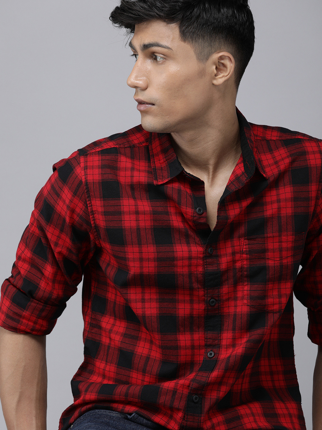 Buy Roadster Men Red Tartan Checked Regular Fit Pure Cotton Sustainable