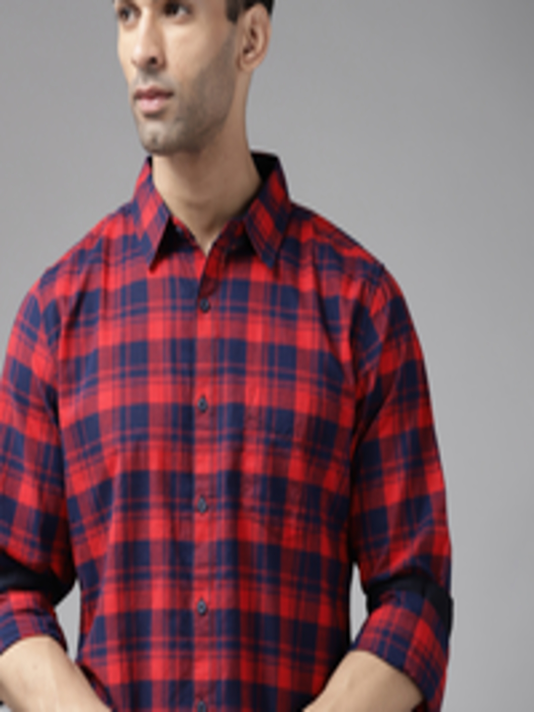 Buy Roadster Men Red & Navy Blue Cotton Tartan Checks Casual Shirt ...