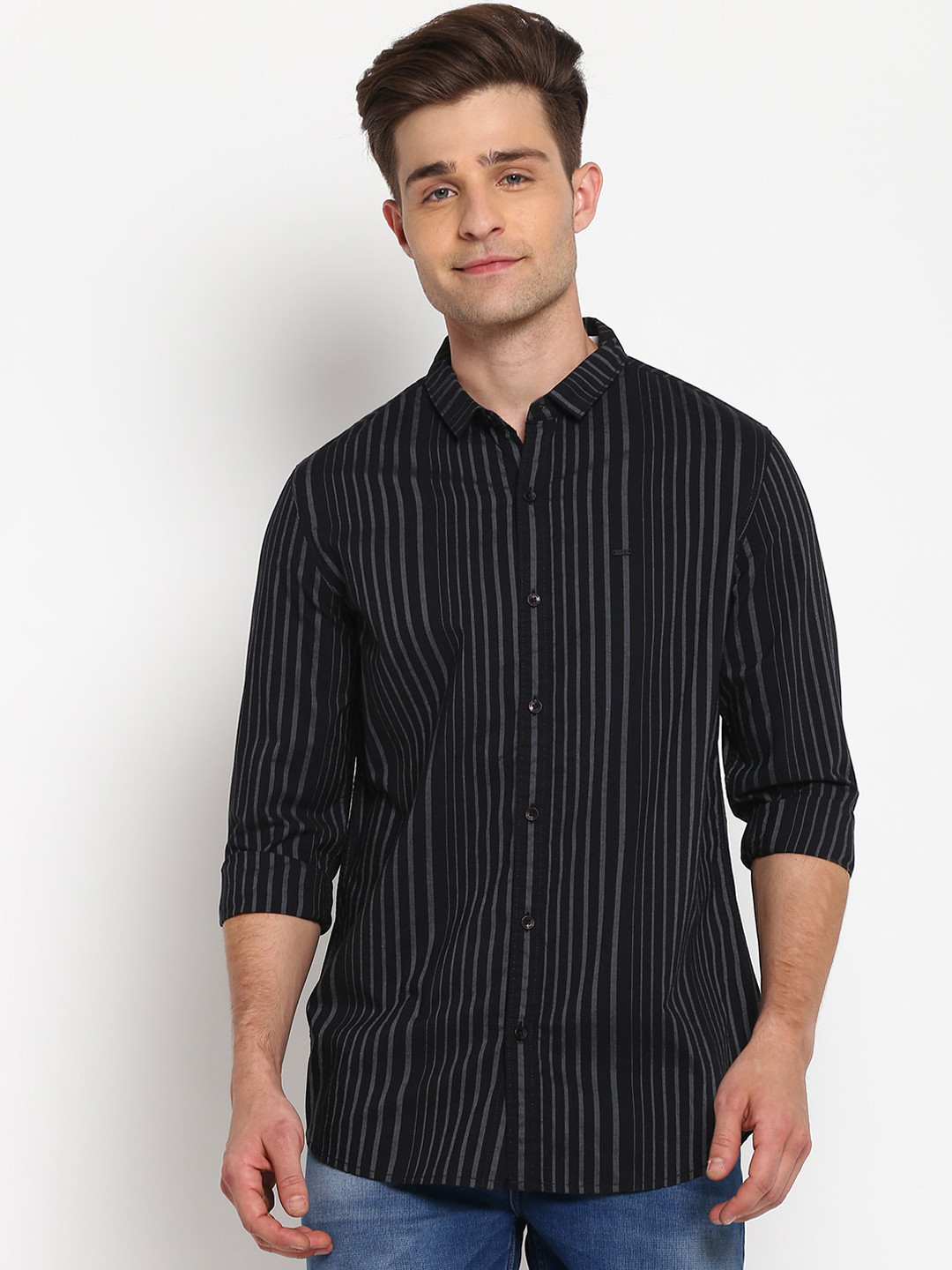 Men's Black Standard Spread Collar Slim Fit Opaque Printed Casual Shirt