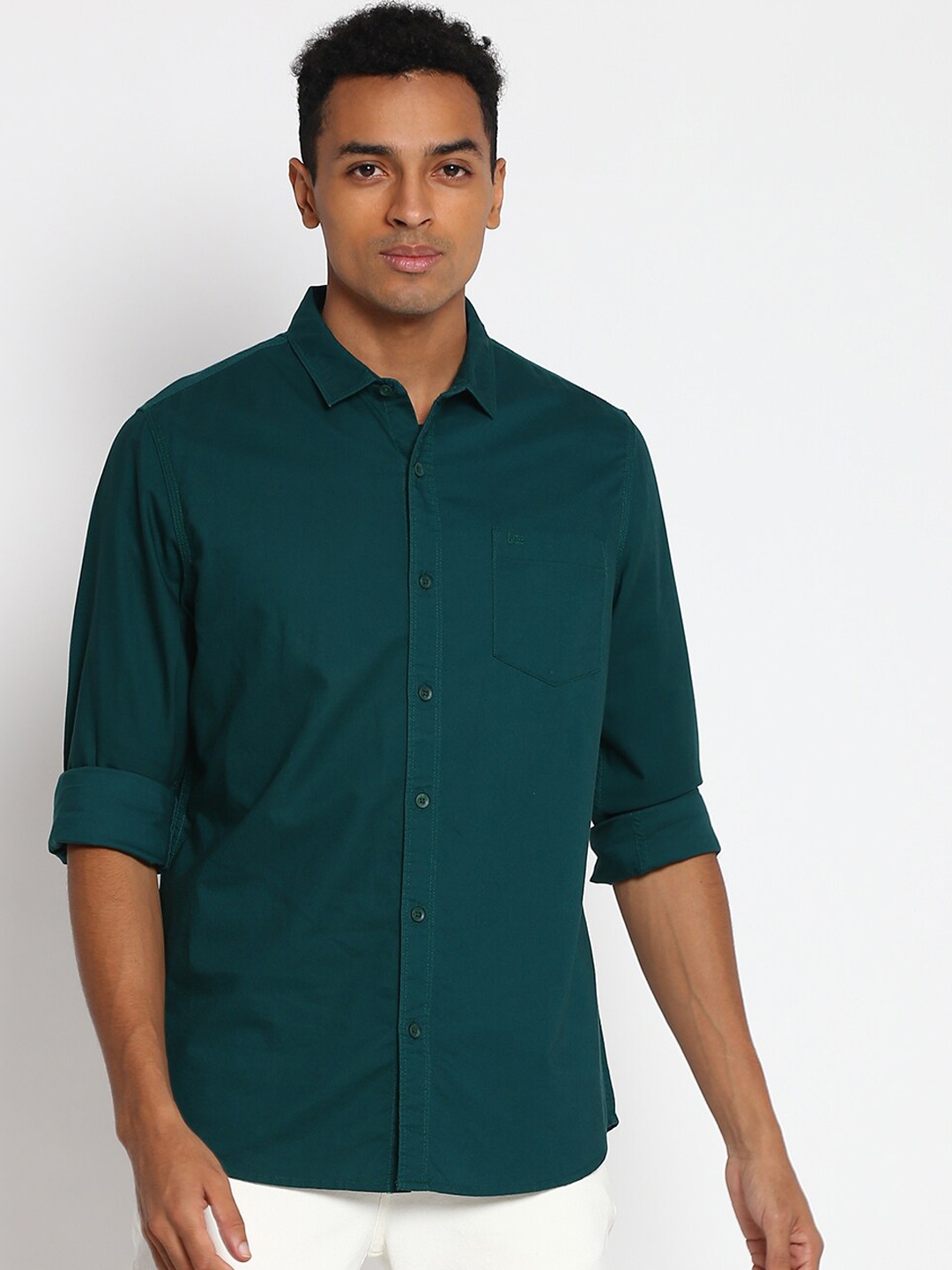 Buy Lee Men Green Solid Slim Fit Opaque Cotton Casual Shirt - Shirts ...