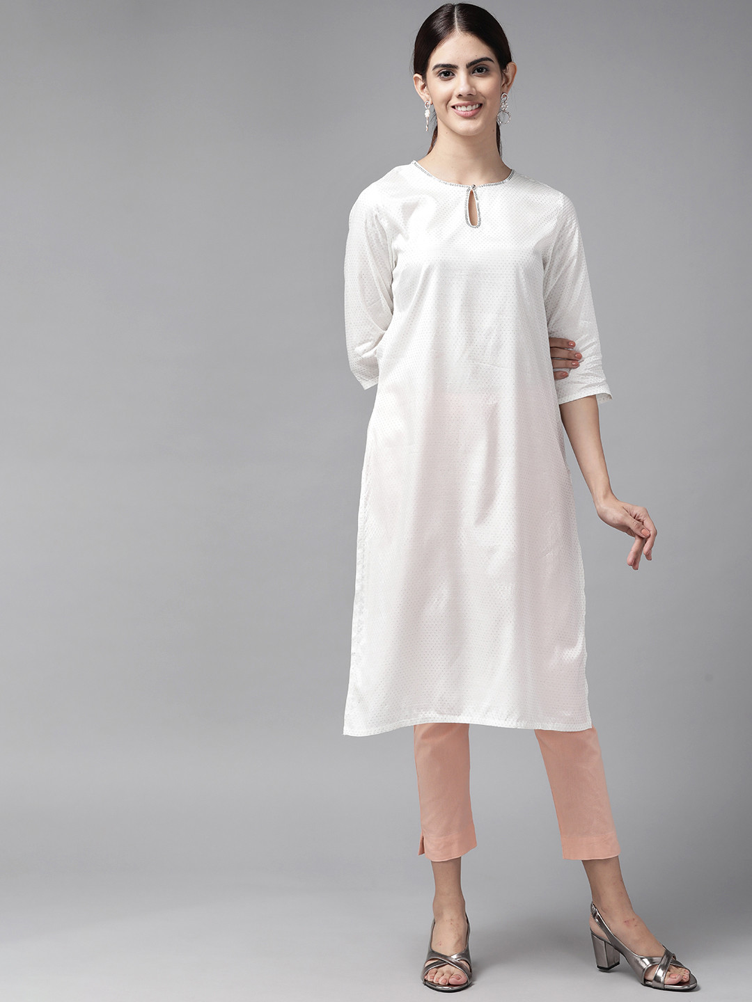 Off- White Printed Straight Kurta With Key Hole Neck & 3/4 Sleeves