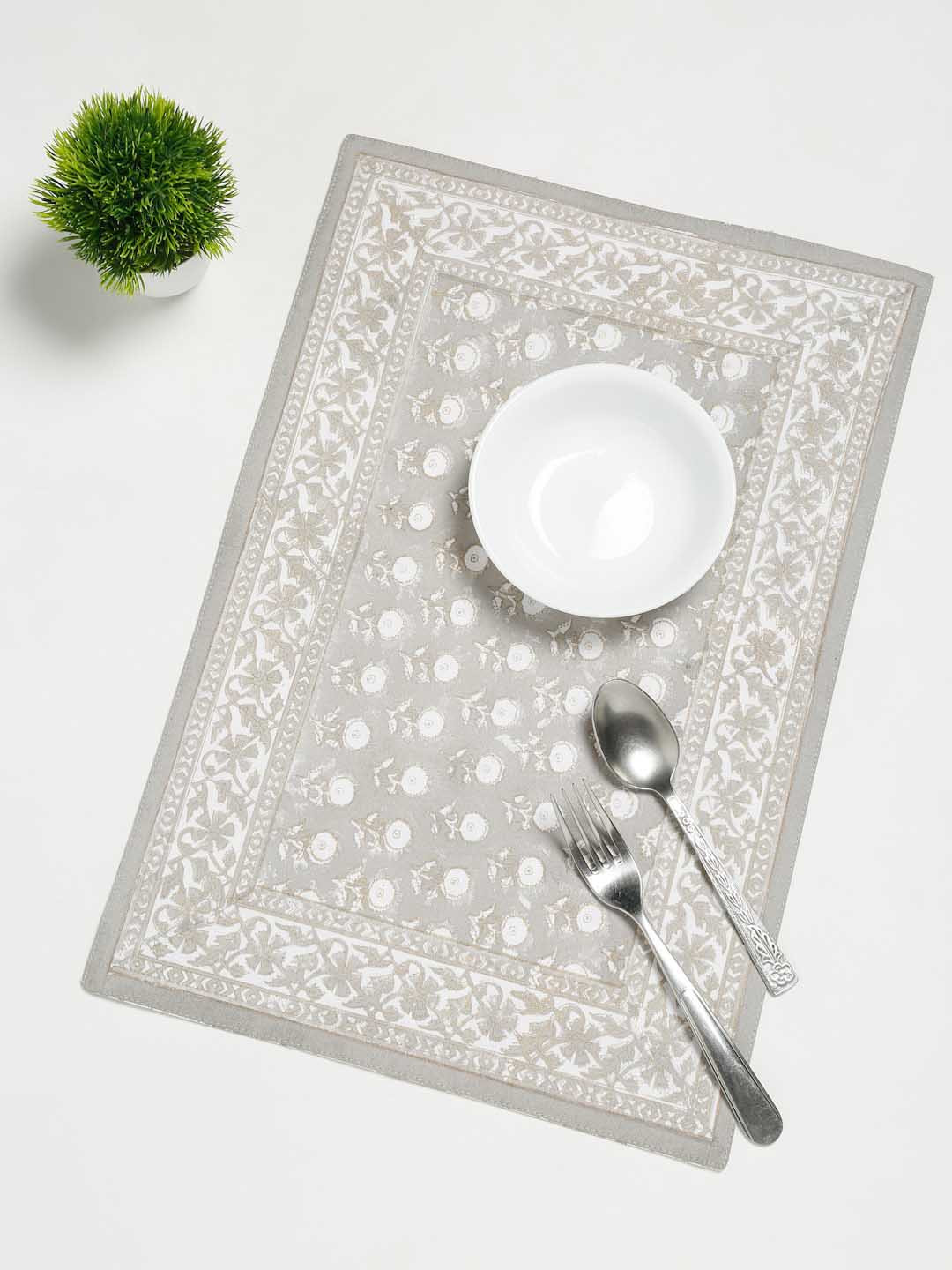 Buy Fabindia Set Of 4 Grey & White Floral Printed Cotton Table