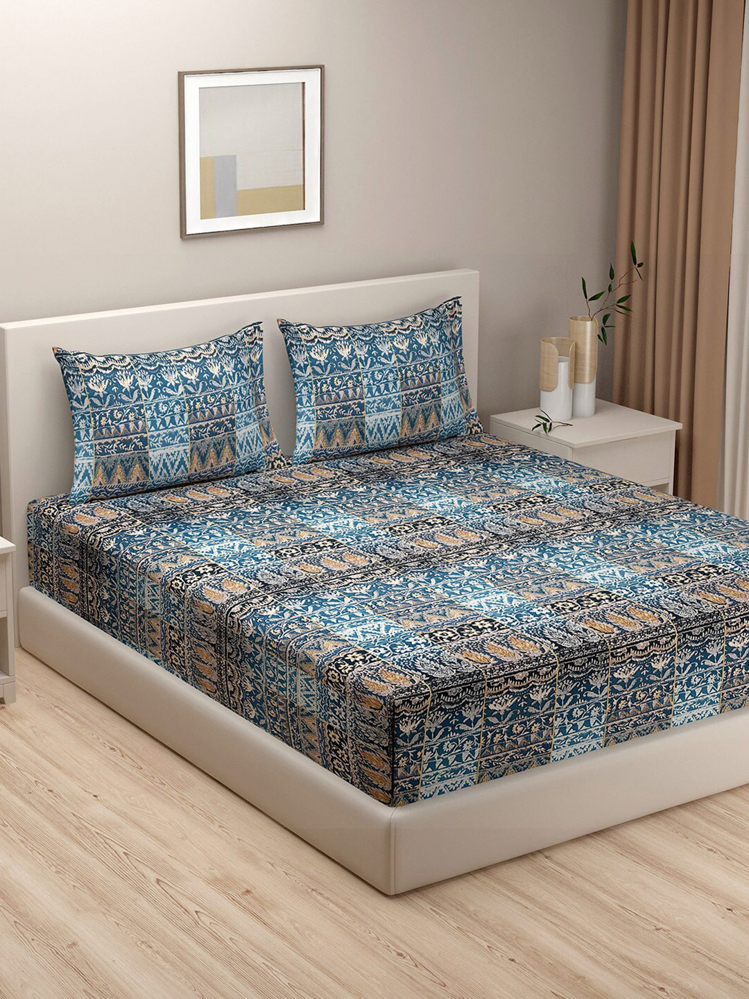 Buy SWAYAM Blue & Orange Ethnic Motifs 180 TC King Bedsheet With 2