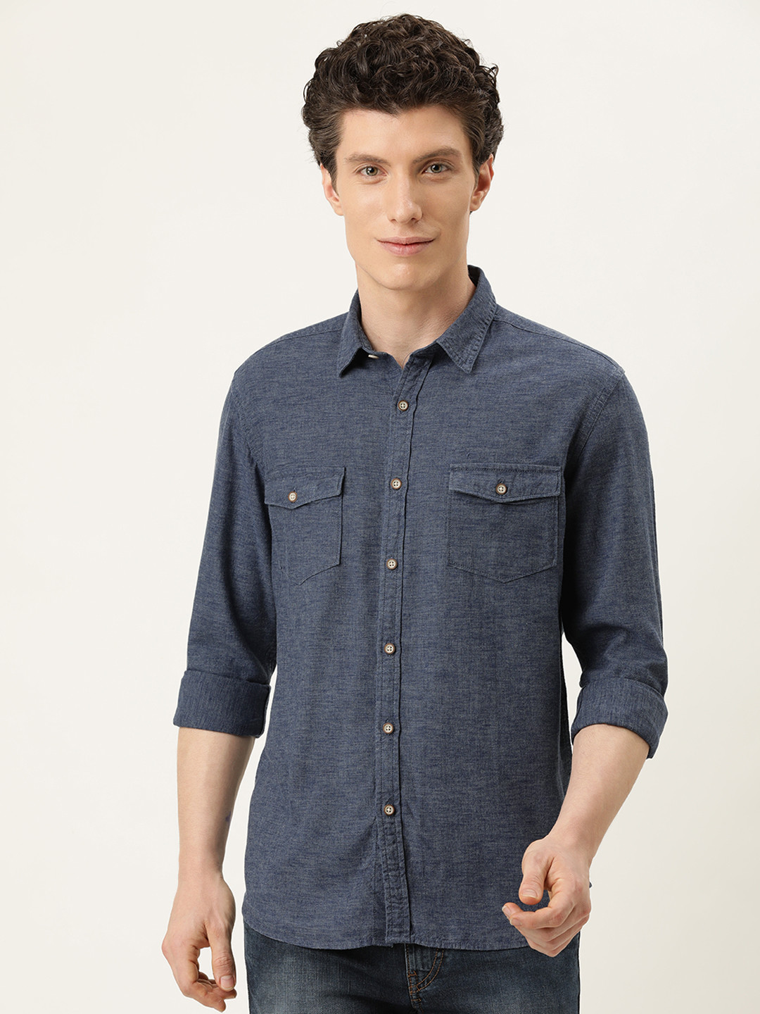 Buy Flying Machine Men Navy Blue Slim Fit Solid Pure Cotton Opaque ...