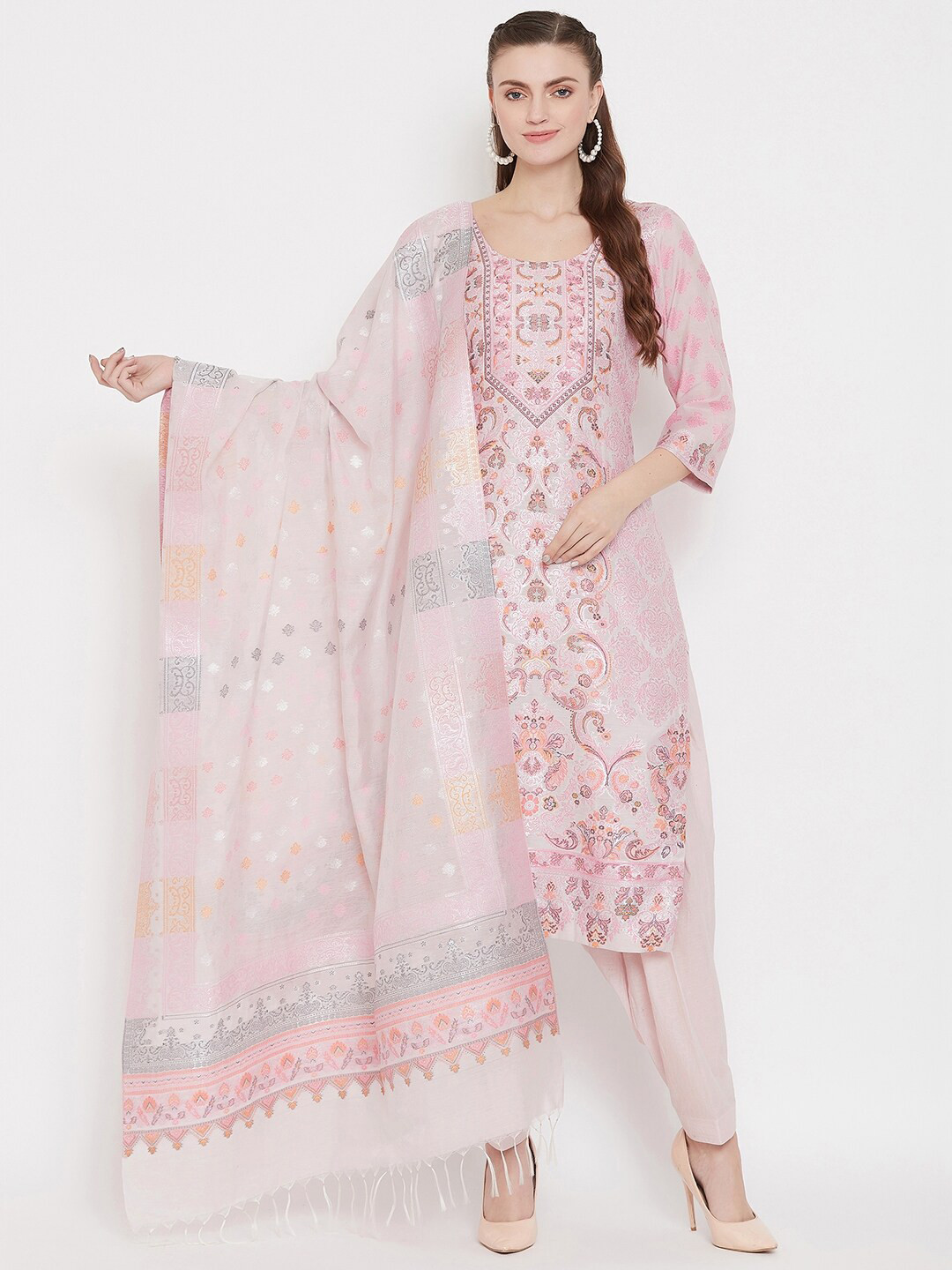 Pink Woven Design Banarasi Cotton Unstitched Dress Material