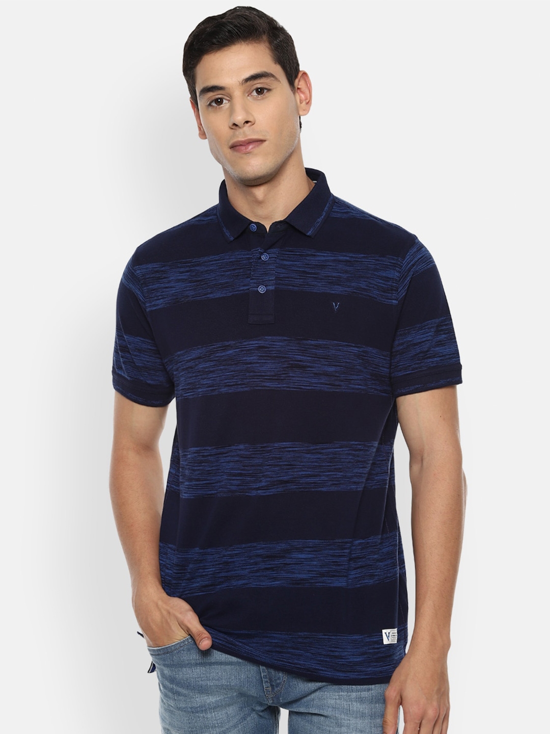 Buy VAN HEUSEN DENIM LABS Men Navy Blue Striped Polo Collar T Shirt 