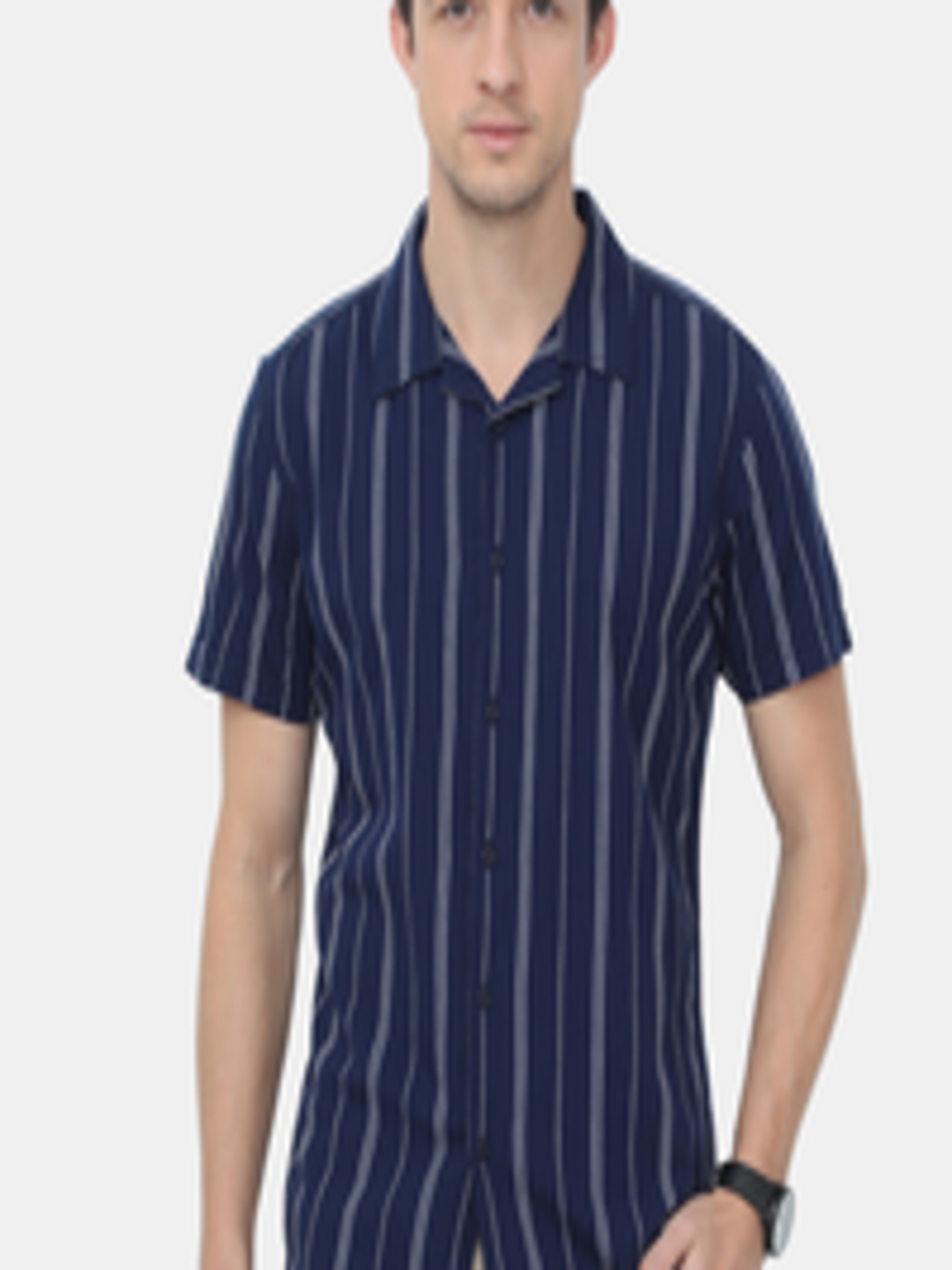 Buy HERE&NOW Men Navy Blue & White Slim Fit Opaque Striped Cotton ...