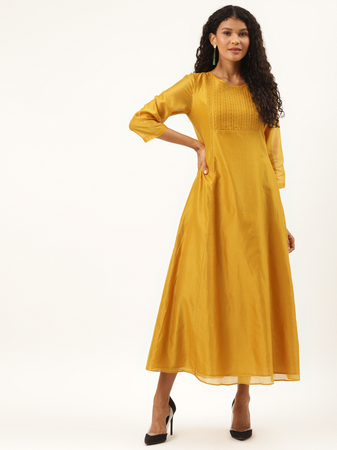 Buy Ancestry Mustard Yellow Pintucks Embellished Yoke Maxi Dress