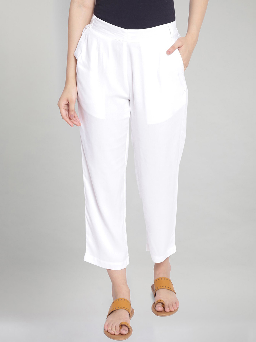 Buy AURELIA Women Cream Coloured Mid Rise Trousers Trousers for Women