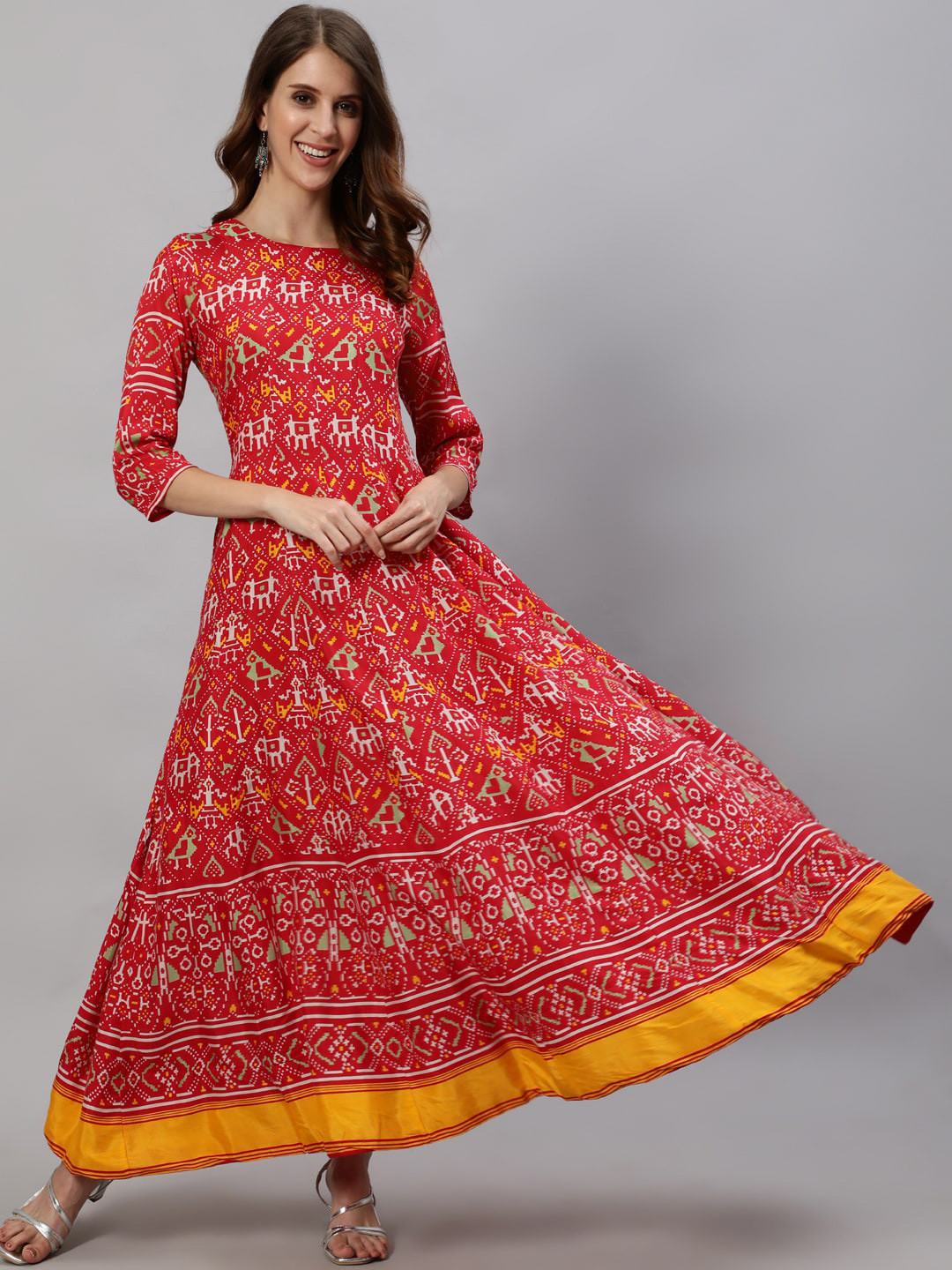 Women's Red Floral Printed Art Silk Anarkali Kurta