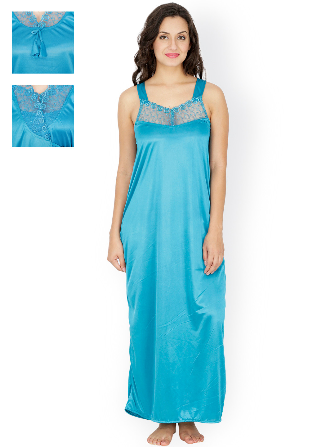 Buy Klamotten Turquoise Blue Satin Nightdress Set With Lace Detail X219