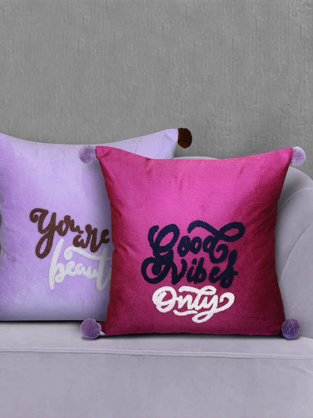 Buy Home Centre Purple & Lavender Set Of 2 Embroidered Square Cushion