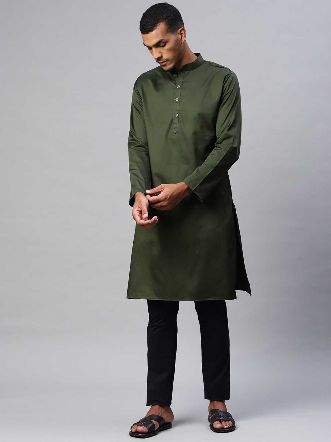 Buy MANQ Men Olive Green Solid Mandarain Collar Pure Cotton Kurta