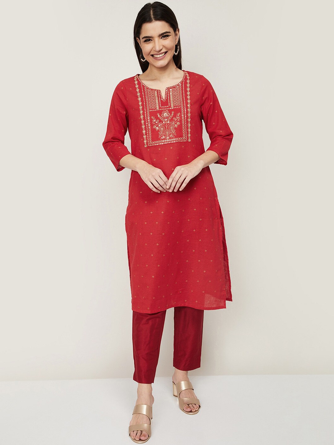 Buy Melange By Lifestyle Women Red Floral Embroidered Kurta - Kurtas ...