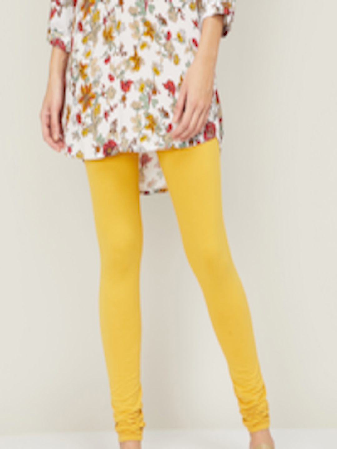 Buy Melange By Lifestyle Women Mustard Yellow Solid Cotton Leggings ...