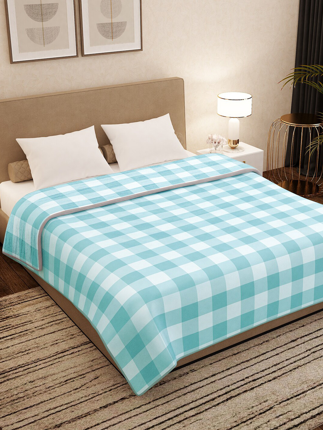 Buy Storyhome Turquoise Blue Checked AC Room 400 GSM Light Weight