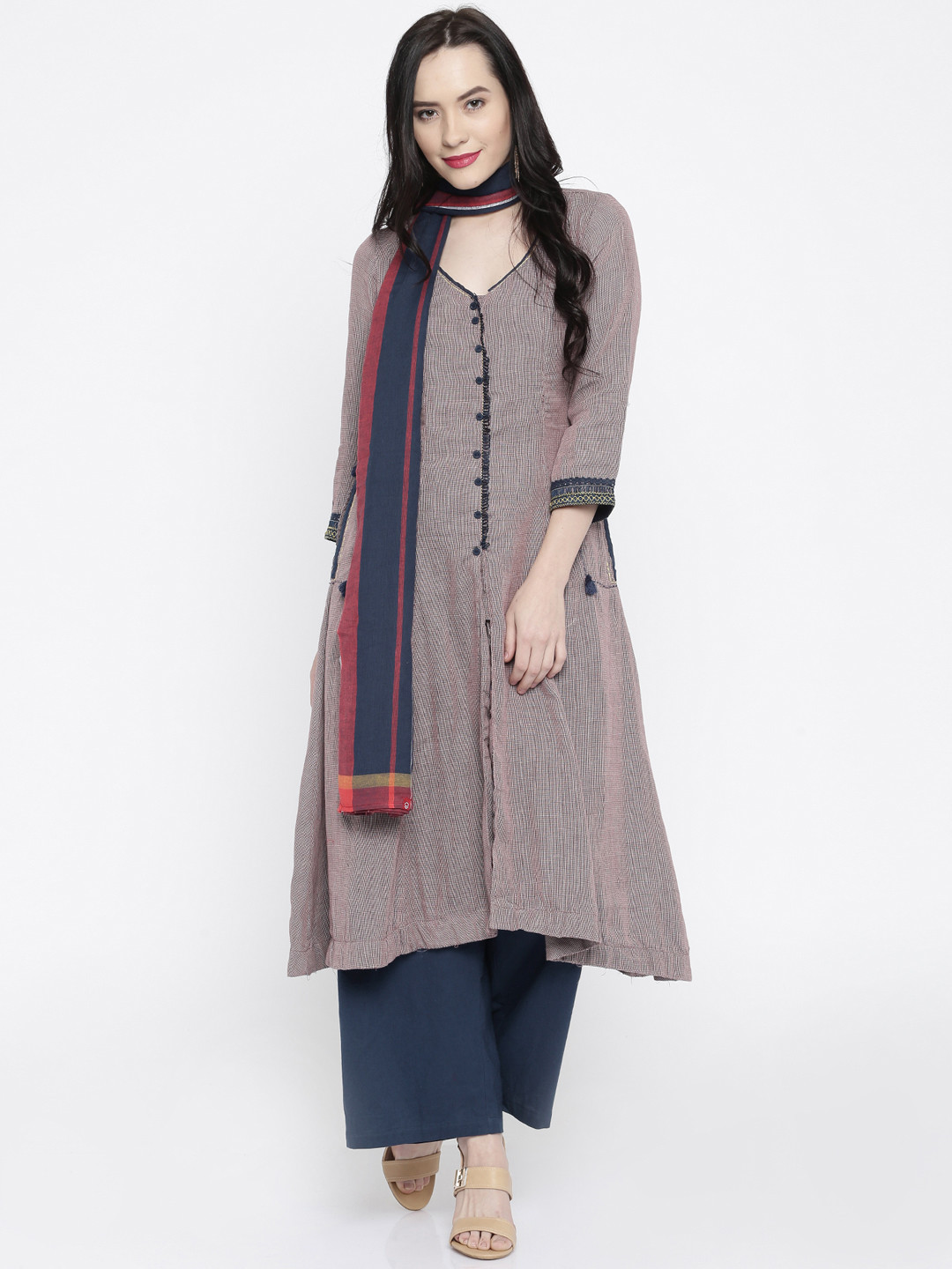 Buy Biba Red & Navy Anarkali Kurta With Palazzo Trousers & Dupatta