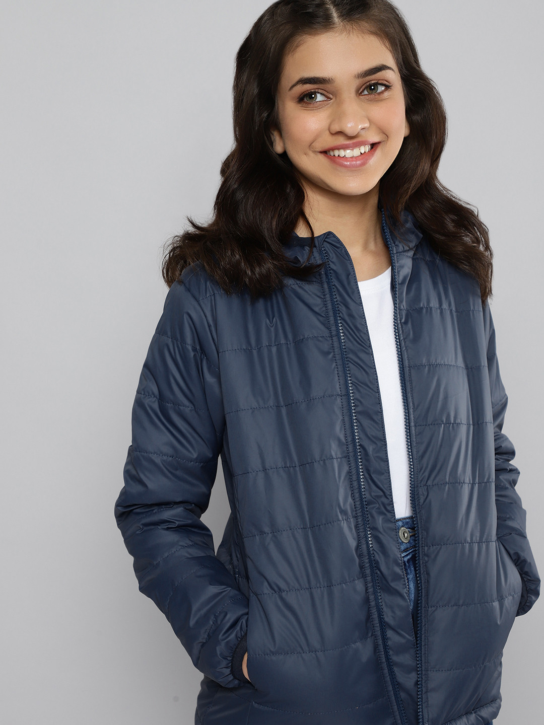 Buy JUSTICE Girls Navy Blue Solid Hooded Puffer Jacket Jackets for