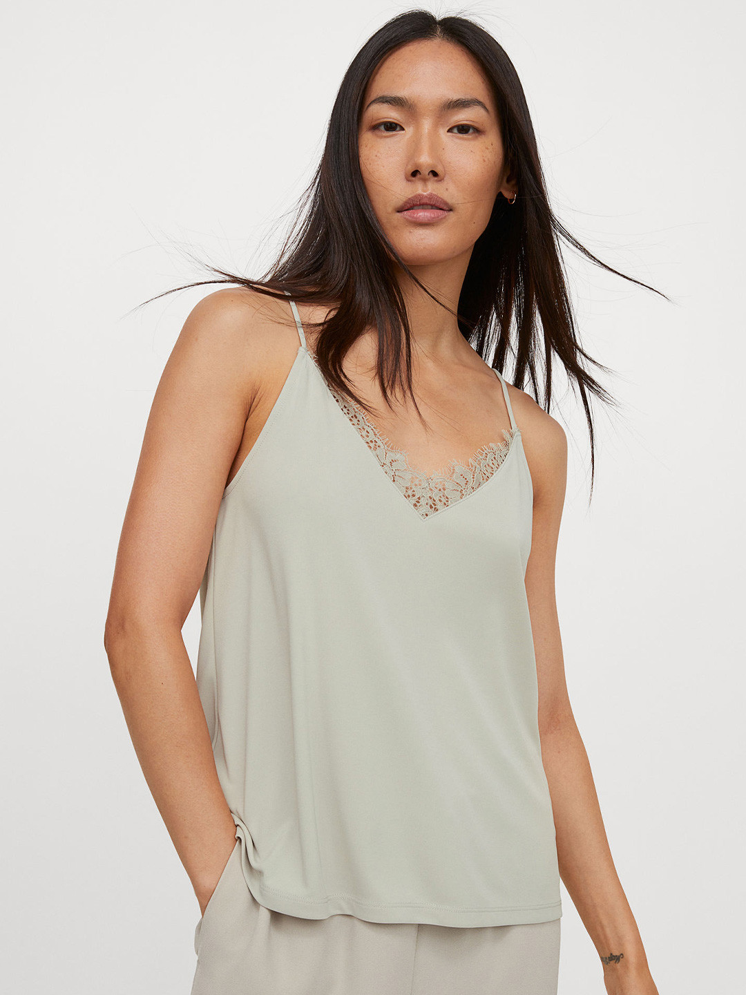Buy H&M Women Green Lace Trimmed Cami Top Tops for Women 15424244
