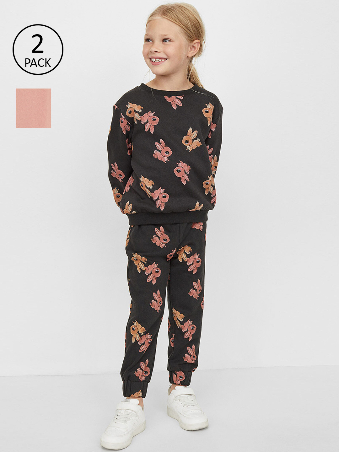 Buy H&M Girls Pack Of 2 Pink & Brown Printed Joggers Trousers for