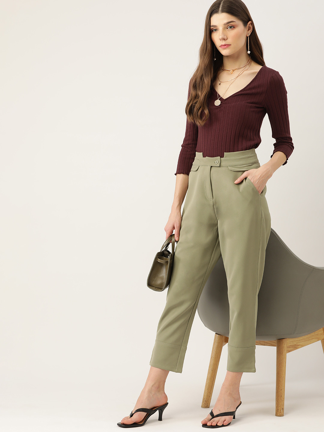 Buy DressBerry Women Olive Green Pleated Trousers - Trousers for Women ...