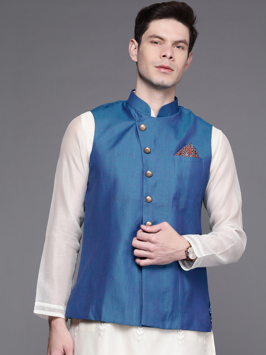 Buy Manu Men Blue Solid Dual Tone Angrakha Nehru Jacket Nehru Jackets for Men 15426210 Myntra