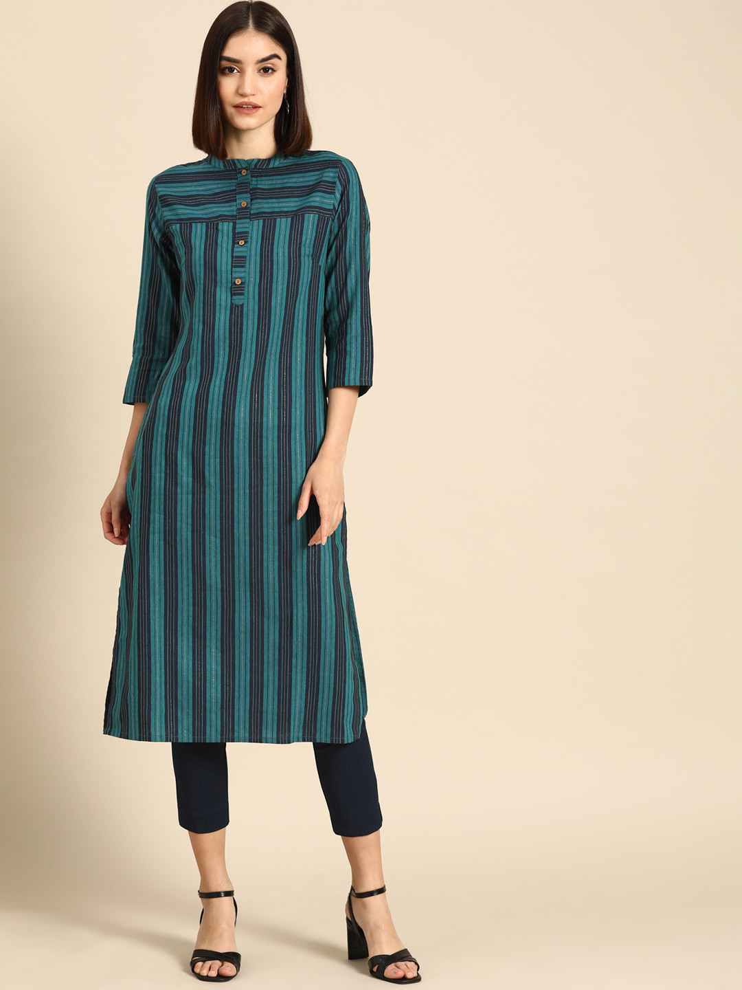Buy Anouk Women Blue Striped Yarn Dyed Kurta Kurtas for Women