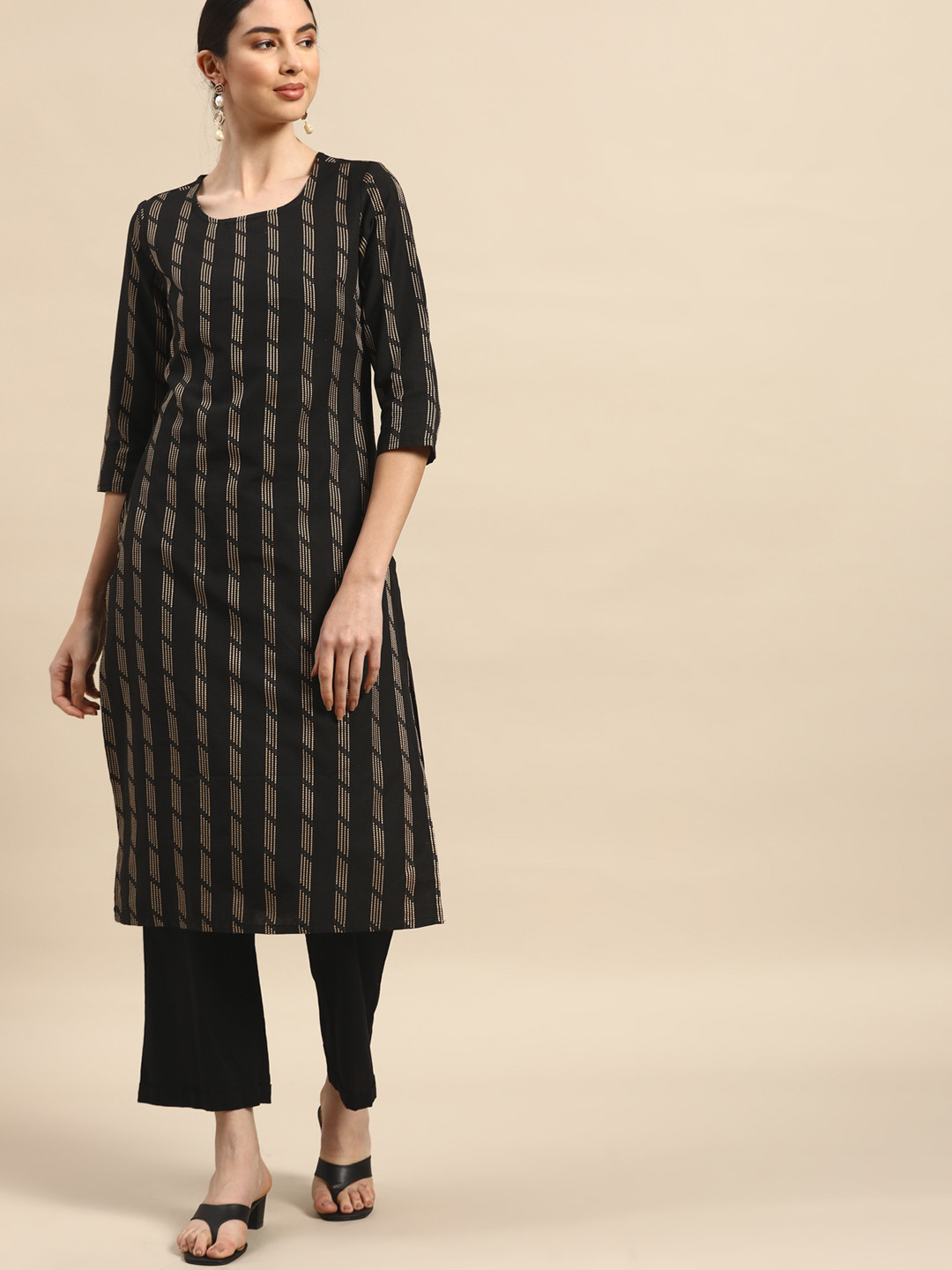 Buy Anouk Women Black & Beige Striped Yarn Dyed Kurta Kurtas for