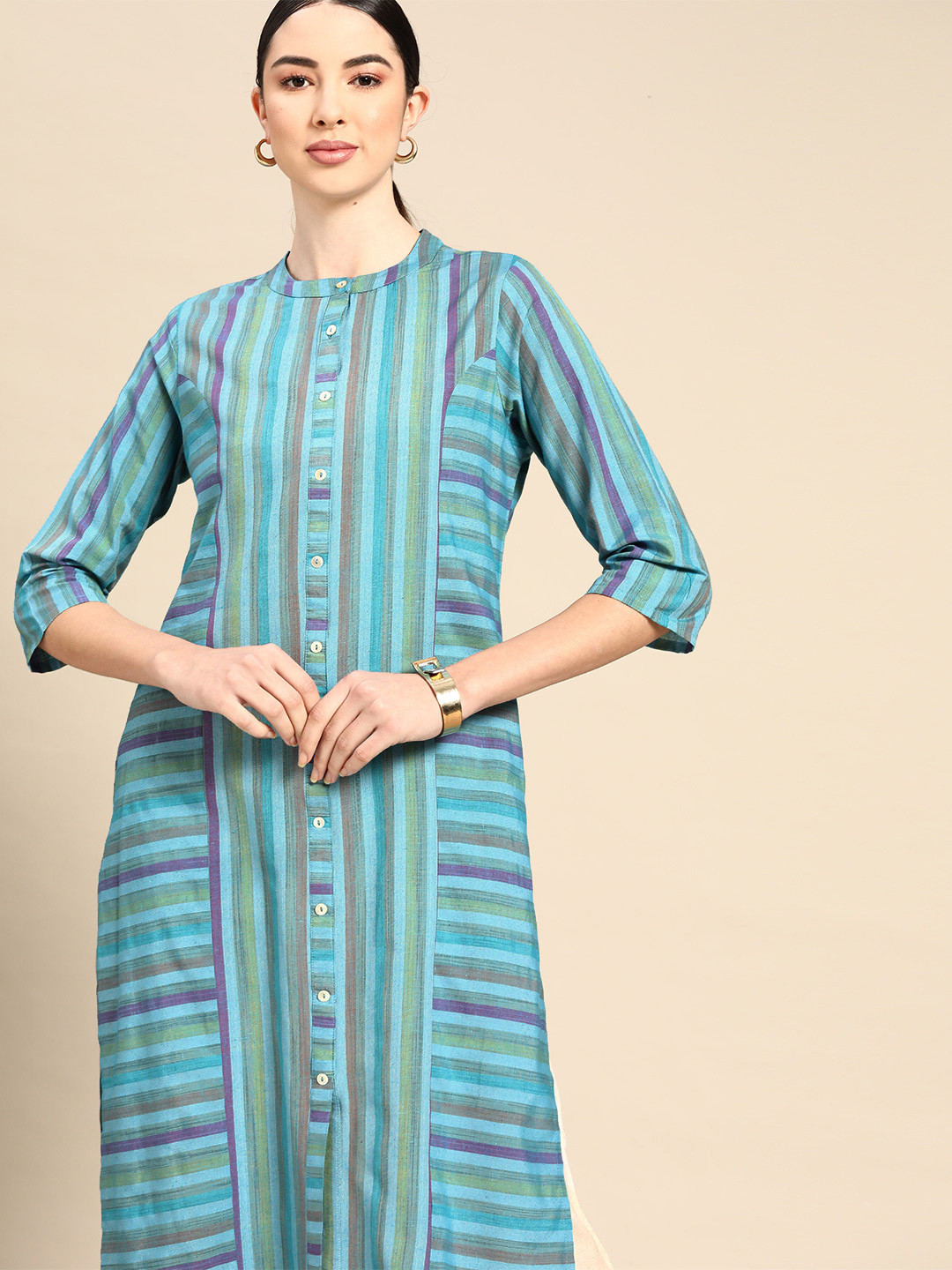 Buy Anouk Women Blue & Purple Striped Yarn Dyed Kurta Kurtas for